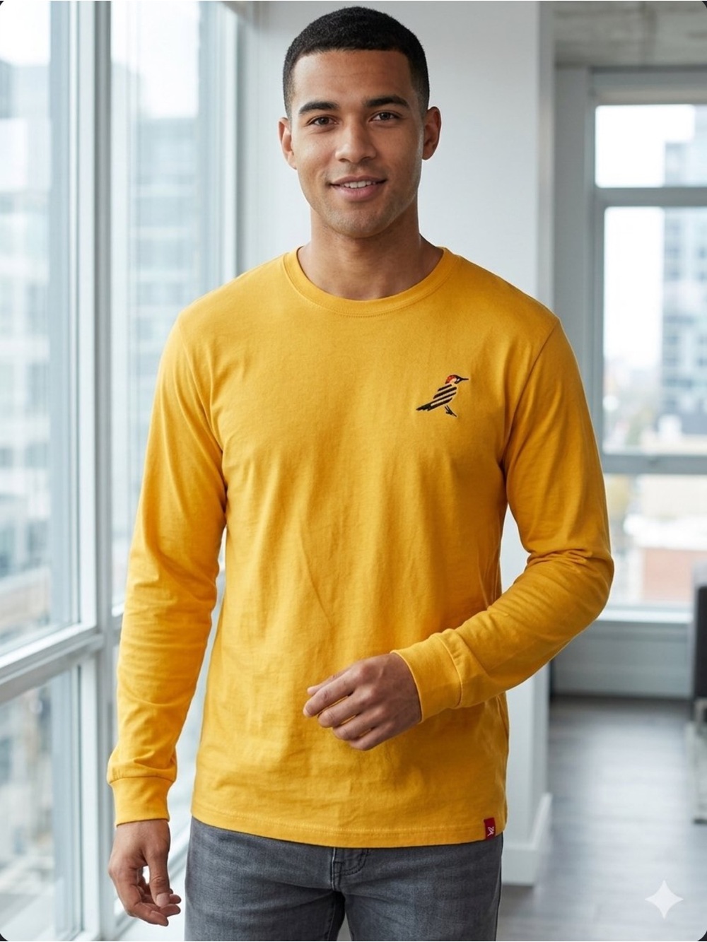 Billy Reid Long Sleeve T-Shirt Mens XL Mustard Yellow Hammer Bird NWT  New